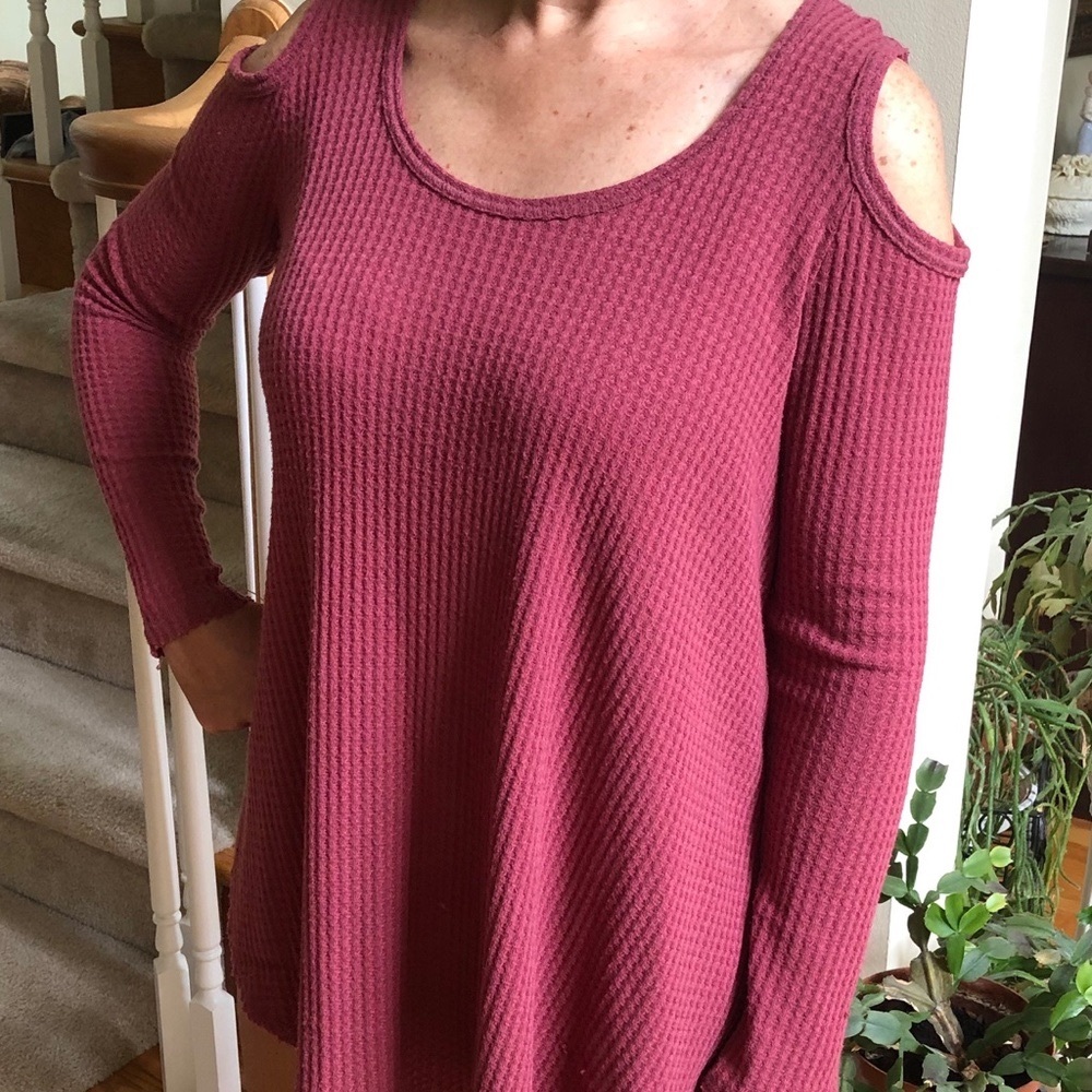 Waffle Weave Cold Shoulder Long Sleeve Top